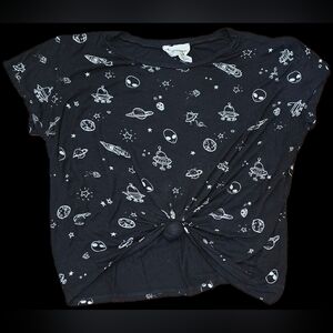 French Pastry Women's L, Black & White Space-themed Crop Top: Celestial & Kawaii